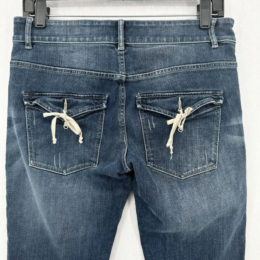 Escada Sport Selvedge Jeans Womens 6 EUR36 Skinny Blue Denim Tie Flaps Distress